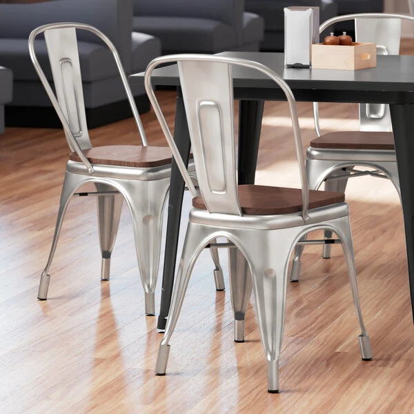 LT&S Alloy Series Lancaster Table & Seating Alloy Series Clear Coated Metal Indoor Industrial Cafe Chair With Vertical Slat Back And Walnut Wood Seat 1 LT&S Alloy Series Lancaster Table & Seating Alloy Series Clear Coated Metal Indoor Industrial Cafe Chair With Vertical Slat Back And Walnut Wood Seat