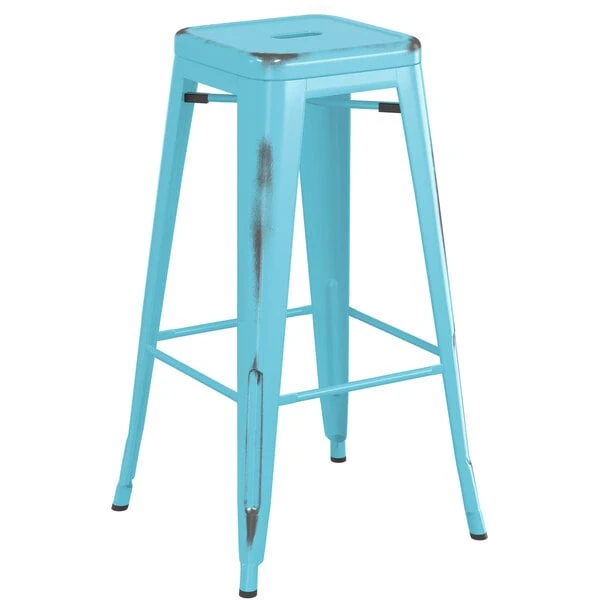 LT&S Alloy Series Lancaster Table & Seating Alloy Series Distressed Arctic Blue Stackable Metal Indoor / Outdoor Industrial Barstool With Drain Hole Seat 2 LT&S Alloy Series Lancaster Table & Seating Alloy Series Distressed Arctic Blue Stackable Metal Indoor / Outdoor Industrial Barstool With Drain Hole Seat - Image 2