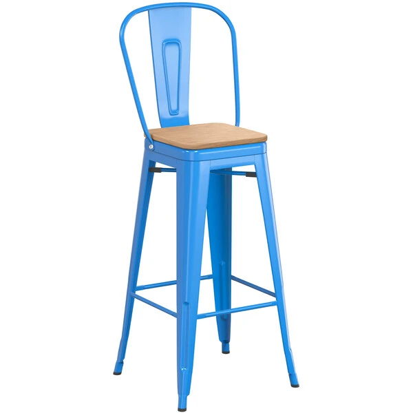 LT&S Alloy Series Lancaster Table & Seating Alloy Series Blue Metal Indoor Industrial Cafe Bar Height Stool With Vertical Slat Back And Natural Wood Seat 2 LT&S Alloy Series Lancaster Table & Seating Alloy Series Blue Metal Indoor Industrial Cafe Bar Height Stool With Vertical Slat Back And Natural Wood Seat - Image 2