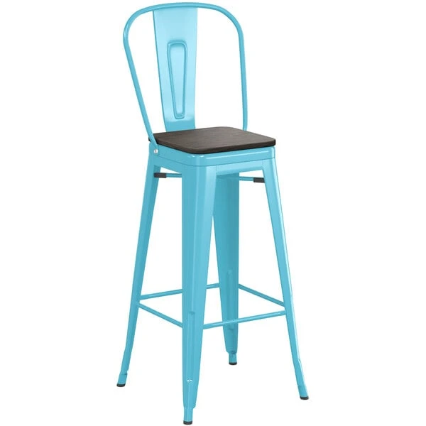 LT&S Alloy Series Lancaster Table & Seating Alloy Series Arctic Blue Metal Indoor Industrial Cafe Bar Height Stool With Vertical Slat Back And Black Wood Seat 2 LT&S Alloy Series Lancaster Table & Seating Alloy Series Arctic Blue Metal Indoor Industrial Cafe Bar Height Stool With Vertical Slat Back And Black Wood Seat - Image 2