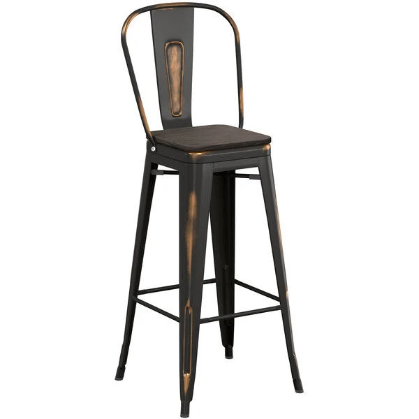 LT&S Alloy Series Lancaster Table & Seating Alloy Series Distressed Copper Metal Indoor Industrial Cafe Bar Height Stool With Vertical Slat Back And Black Wood Seat 2 LT&S Alloy Series Lancaster Table & Seating Alloy Series Distressed Copper Metal Indoor Industrial Cafe Bar Height Stool With Vertical Slat Back And Black Wood Seat - Image 2