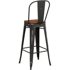 LT&S Alloy Series Lancaster Table & Seating Alloy Series Distressed Black Metal Indoor Industrial Cafe Bar Height Stool With Vertical Slat Back And Walnut Wood Seat -Zown Shop 2435954