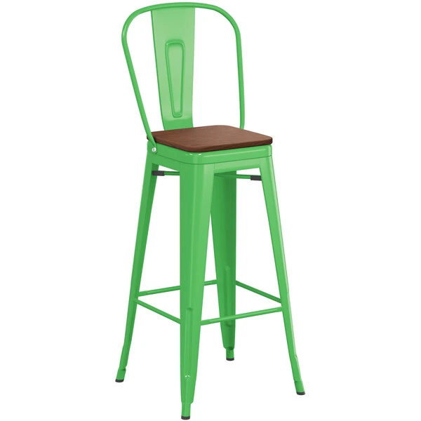 LT&S Alloy Series Lancaster Table & Seating Alloy Series Green Metal Indoor Industrial Cafe Bar Height Stool With Vertical Slat Back And Walnut Wood Seat 2 LT&S Alloy Series Lancaster Table & Seating Alloy Series Green Metal Indoor Industrial Cafe Bar Height Stool With Vertical Slat Back And Walnut Wood Seat - Image 2