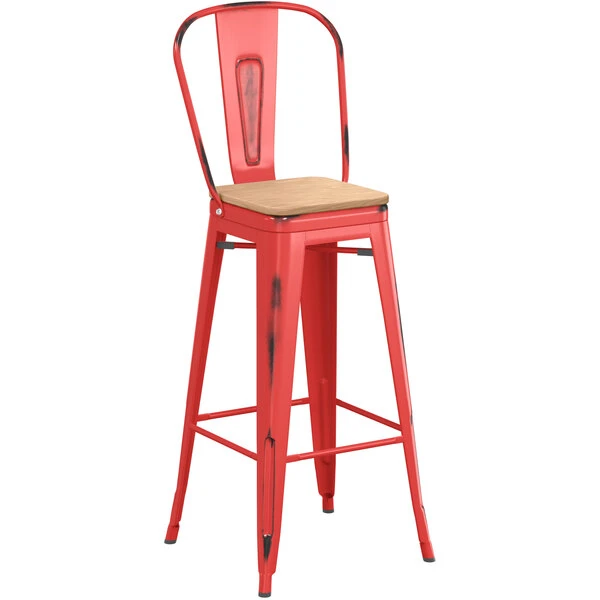 LT&S Alloy Series Lancaster Table & Seating Alloy Series Distressed Red Metal Indoor Industrial Cafe Bar Height Stool With Vertical Slat Back And Natural Wood Seat 2 LT&S Alloy Series Lancaster Table & Seating Alloy Series Distressed Red Metal Indoor Industrial Cafe Bar Height Stool With Vertical Slat Back And Natural Wood Seat - Image 2