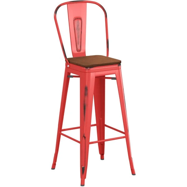 LT&S Alloy Series Lancaster Table & Seating Alloy Series Distressed Red Metal Indoor Industrial Cafe Bar Height Stool With Vertical Slat Back And Walnut Wood Seat 2 LT&S Alloy Series Lancaster Table & Seating Alloy Series Distressed Red Metal Indoor Industrial Cafe Bar Height Stool With Vertical Slat Back And Walnut Wood Seat - Image 2