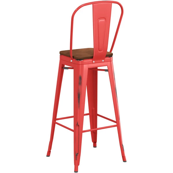 LT&S Alloy Series Lancaster Table & Seating Alloy Series Distressed Red Metal Indoor Industrial Cafe Bar Height Stool With Vertical Slat Back And Walnut Wood Seat 3 LT&S Alloy Series Lancaster Table & Seating Alloy Series Distressed Red Metal Indoor Industrial Cafe Bar Height Stool With Vertical Slat Back And Walnut Wood Seat - Image 3