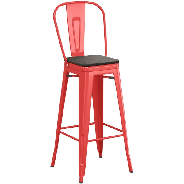 LT&S Alloy Series Lancaster Table & Seating Alloy Series Red Metal Indoor Industrial Cafe Bar Height Stool With Vertical Slat Back And Black Wood Seat 2 LT&S Alloy Series Lancaster Table & Seating Alloy Series Red Metal Indoor Industrial Cafe Bar Height Stool With Vertical Slat Back And Black Wood Seat - Image 2