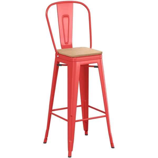 LT&S Alloy Series Lancaster Table & Seating Alloy Series Red Metal Indoor Industrial Cafe Bar Height Stool With Vertical Slat Back And Natural Wood Seat 2 LT&S Alloy Series Lancaster Table & Seating Alloy Series Red Metal Indoor Industrial Cafe Bar Height Stool With Vertical Slat Back And Natural Wood Seat - Image 2