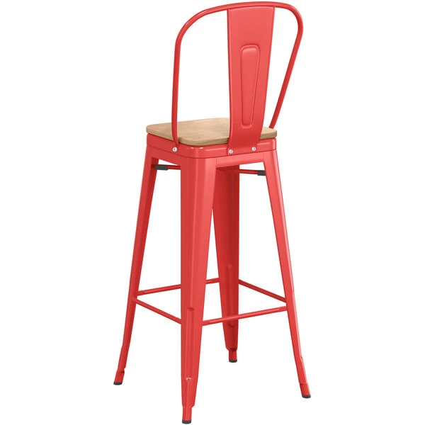 LT&S Alloy Series Lancaster Table & Seating Alloy Series Red Metal Indoor Industrial Cafe Bar Height Stool With Vertical Slat Back And Natural Wood Seat 3 LT&S Alloy Series Lancaster Table & Seating Alloy Series Red Metal Indoor Industrial Cafe Bar Height Stool With Vertical Slat Back And Natural Wood Seat - Image 3