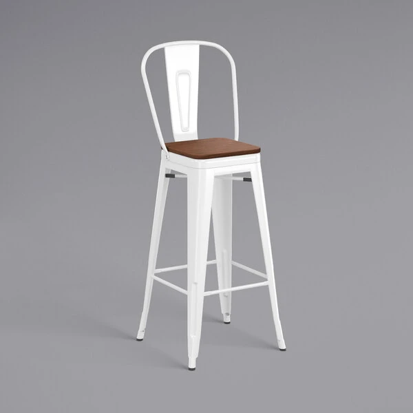 LT&S Alloy Series Lancaster Table & Seating Alloy Series White Metal Indoor Industrial Cafe Bar Height Stool With Vertical Slat Back And Walnut Wood Seat 2 LT&S Alloy Series Lancaster Table & Seating Alloy Series White Metal Indoor Industrial Cafe Bar Height Stool With Vertical Slat Back And Walnut Wood Seat - Image 2