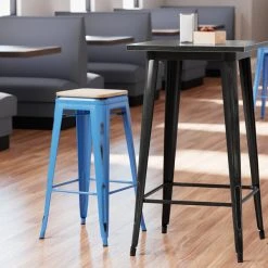 LT&S Alloy Series Lancaster Table & Seating Alloy Series Distressed Blue Stackable Metal Indoor Industrial Barstool With Natural Wood Seat