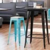 LT&S Alloy Series Lancaster Table & Seating Alloy Series Distressed Arctic Blue Stackable Metal Indoor Industrial Barstool With Gray Wood Seat