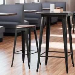 LT&S Alloy Series Lancaster Table & Seating Alloy Series Distressed Black Metal Indoor Industrial Cafe Bar Height Stool With Walnut Wood Seat