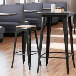 LT&S Alloy Series Lancaster Table & Seating Alloy Series Distressed Black Metal Indoor Industrial Cafe Bar Height Stool With Natural Wood Seat