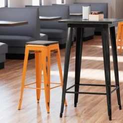 LT&S Alloy Series Lancaster Table & Seating Alloy Series Distressed Orange Stackable Metal Indoor Industrial Barstool With Black Wood Seat