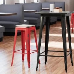 LT&S Alloy Series Lancaster Table & Seating Alloy Series Distressed Red Stackable Metal Indoor Industrial Barstool With Gray Wood Seat