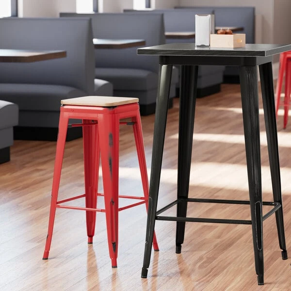 LT&S Alloy Series Lancaster Table & Seating Alloy Series Distressed Red Metal Indoor Industrial Cafe Bar Height Stool With Natural Wood Seat 1 LT&S Alloy Series Lancaster Table & Seating Alloy Series Distressed Red Metal Indoor Industrial Cafe Bar Height Stool With Natural Wood Seat