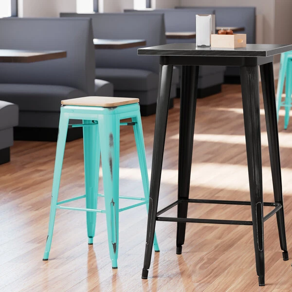 LT&S Alloy Series Lancaster Table & Seating Alloy Series Distressed Seafoam Stackable Metal Indoor Industrial Barstool With Natural Wood Seat 1 LT&S Alloy Series Lancaster Table & Seating Alloy Series Distressed Seafoam Stackable Metal Indoor Industrial Barstool With Natural Wood Seat
