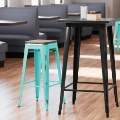 LT&S Alloy Series Lancaster Table & Seating Alloy Series Distressed Seafoam Stackable Metal Indoor Industrial Barstool With Walnut Wood Seat