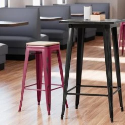 LT&S Alloy Series Lancaster Table & Seating Alloy Series Distressed Sangria Stackable Metal Indoor Industrial Barstool With Natural Wood Seat