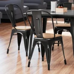 LT&S Alloy Series Lancaster Table & Seating Alloy Series Distressed Black Metal Indoor Industrial Cafe Chair With Vertical Slat Back And Natural Wood Seat