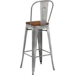 LT&S Alloy Series Lancaster Table & Seating Alloy Series Clear Coated Metal Indoor Industrial Cafe Bar Height Stool With Vertical Slat Back And Walnut Wood Seat -Zown Shop 2436647