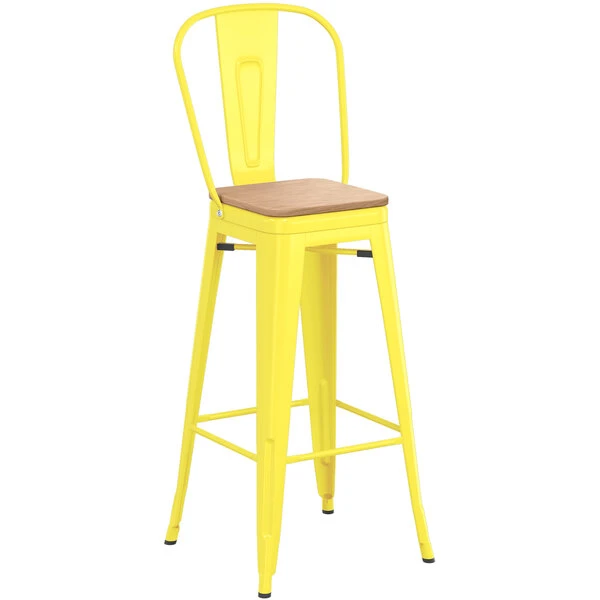 LT&S Alloy Series Lancaster Table & Seating Alloy Series Yellow Metal Indoor Industrial Cafe Bar Height Stool With Vertical Slat Back And Natural Wood Seat 2 LT&S Alloy Series Lancaster Table & Seating Alloy Series Yellow Metal Indoor Industrial Cafe Bar Height Stool With Vertical Slat Back And Natural Wood Seat - Image 2