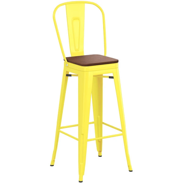 LT&S Alloy Series Lancaster Table & Seating Alloy Series Yellow Metal Indoor Industrial Cafe Bar Height Stool With Vertical Slat Back And Walnut Wood Seat 2 LT&S Alloy Series Lancaster Table & Seating Alloy Series Yellow Metal Indoor Industrial Cafe Bar Height Stool With Vertical Slat Back And Walnut Wood Seat - Image 2