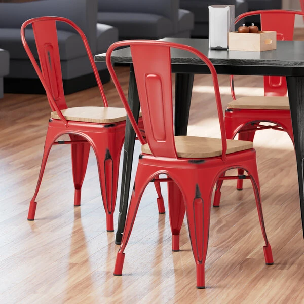 LT&S Alloy Series Lancaster Table & Seating Alloy Series Distressed Red Metal Indoor Industrial Cafe Chair With Vertical Slat Back And Natural Wood Seat 1 LT&S Alloy Series Lancaster Table & Seating Alloy Series Distressed Red Metal Indoor Industrial Cafe Chair With Vertical Slat Back And Natural Wood Seat