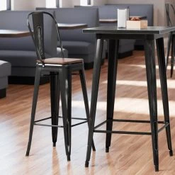 LT&S Alloy Series Lancaster Table & Seating Alloy Series Distressed Black Metal Indoor Industrial Cafe Bar Height Stool With Vertical Slat Back And Walnut Wood Seat