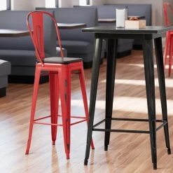 LT&S Alloy Series Lancaster Table & Seating Alloy Series Distressed Red Metal Indoor Industrial Cafe Bar Height Stool With Vertical Slat Back And Black Wood Seat