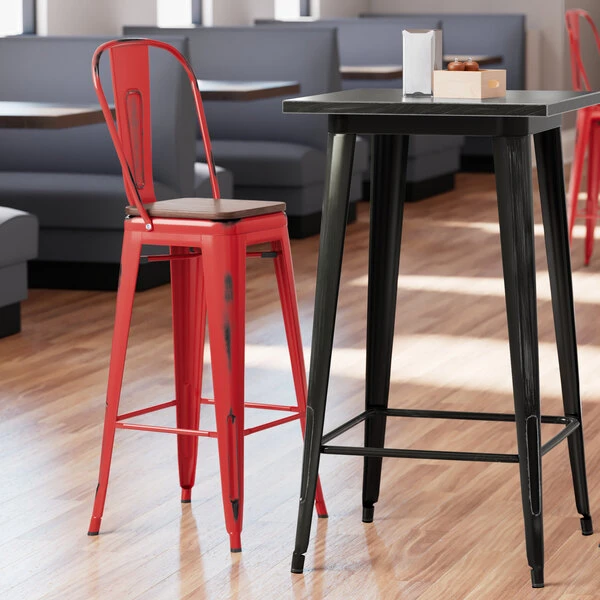 LT&S Alloy Series Lancaster Table & Seating Alloy Series Distressed Red Metal Indoor Industrial Cafe Bar Height Stool With Vertical Slat Back And Walnut Wood Seat 1 LT&S Alloy Series Lancaster Table & Seating Alloy Series Distressed Red Metal Indoor Industrial Cafe Bar Height Stool With Vertical Slat Back And Walnut Wood Seat