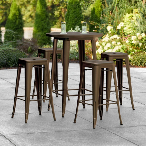 LT&S Alloy Series Lancaster Table & Seating Alloy Series 30" Round Copper Outdoor Bar Height Table With Four Barstools 1 LT&S Alloy Series Lancaster Table & Seating Alloy Series 30" Round Copper Outdoor Bar Height Table With Four Barstools