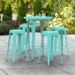 LT&S Alloy Series Lancaster Table & Seating Alloy Series 30" Round Seafoam Outdoor Bar Height Table With Four Barstools