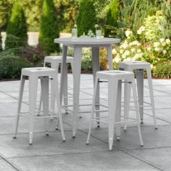 LT&S Alloy Series Lancaster Table & Seating Alloy Series 30" Round Silver Outdoor Bar Height Table With Four Barstools