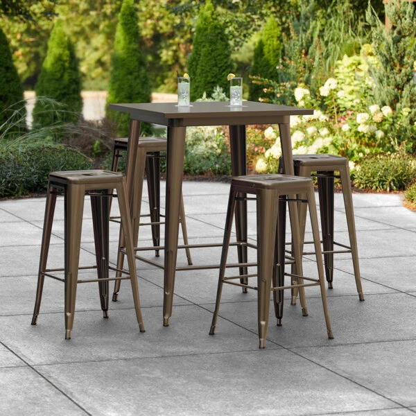 LT&S Alloy Series Lancaster Table & Seating Alloy Series 32" X 32" Copper Outdoor Bar Height Table With Four Barstools 1 LT&S Alloy Series Lancaster Table & Seating Alloy Series 32" X 32" Copper Outdoor Bar Height Table With Four Barstools