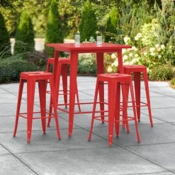 LT&S Alloy Series Lancaster Table & Seating Alloy Series 32" X 32" Red Outdoor Bar Height Table With Four Barstools