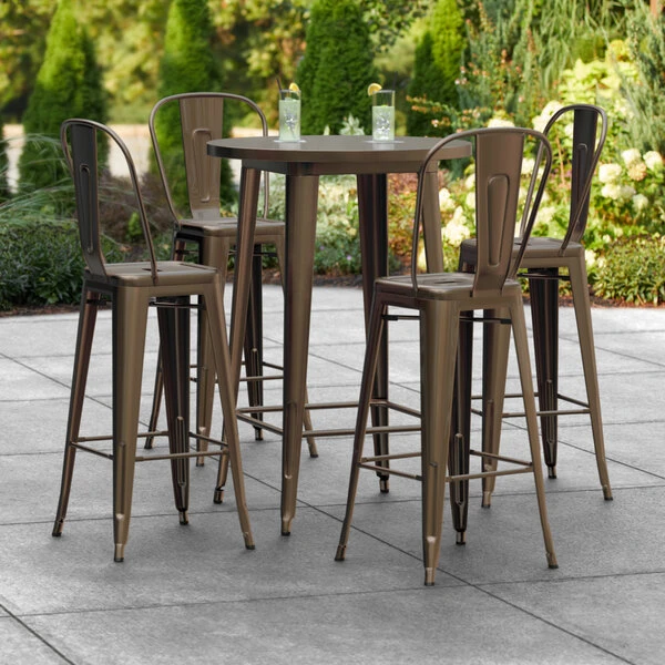 LT&S Alloy Series Lancaster Table & Seating Alloy Series 30" Round Copper Outdoor Bar Height Table With 4 Metal Cafe Bar Stools 1 LT&S Alloy Series Lancaster Table & Seating Alloy Series 30" Round Copper Outdoor Bar Height Table With 4 Metal Cafe Bar Stools