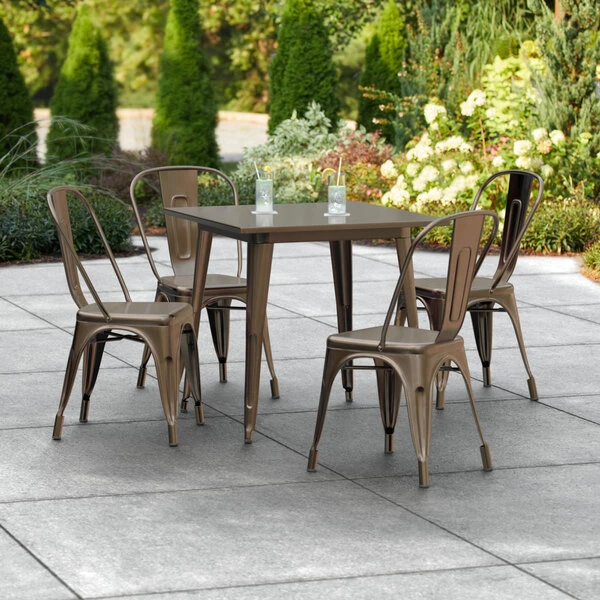 LT&S Alloy Series Lancaster Table & Seating Alloy Series 32" X 32" Copper Dining Height Outdoor Table With 4 Industrial Cafe Chairs 1 LT&S Alloy Series Lancaster Table & Seating Alloy Series 32" X 32" Copper Dining Height Outdoor Table With 4 Industrial Cafe Chairs