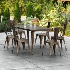 LT&S Alloy Series Lancaster Table & Seating Alloy Series 63" X 32" Copper Dining Height Outdoor Table With 6 Industrial Cafe Chairs