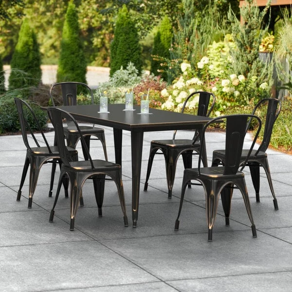 LT&S Alloy Series Lancaster Table & Seating Alloy Series 63" X 32" Distressed Copper Dining Height Outdoor Table With 6 Industrial Cafe Chairs 1 LT&S Alloy Series Lancaster Table & Seating Alloy Series 63" X 32" Distressed Copper Dining Height Outdoor Table With 6 Industrial Cafe Chairs