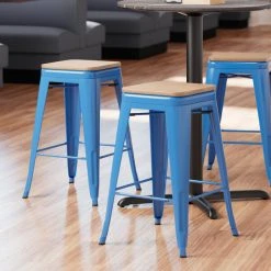 LT&S Alloy Series Lancaster Table & Seating Alloy Series Blue Metal Indoor Industrial Cafe Counter Height Stool With Natural Wood Seat