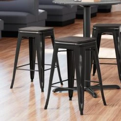 LT&S Alloy Series Lancaster Table & Seating Alloy Series Distressed Black Metal Indoor Industrial Cafe Counter Height Stool With Black Wood Seat