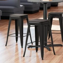 LT&S Alloy Series Lancaster Table & Seating Alloy Series Black Metal Indoor Industrial Cafe Counter Height Stool With Black Wood Seat