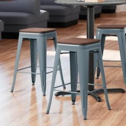 LT&S Alloy Series Lancaster Table & Seating Alloy Series Charcoal Metal Indoor Industrial Cafe Counter Height Stool With Walnut Wood Seat