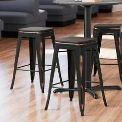 LT&S Alloy Series Lancaster Table & Seating Alloy Series Distressed Copper Metal Indoor Industrial Cafe Counter Height Stool With Black Wood Seat