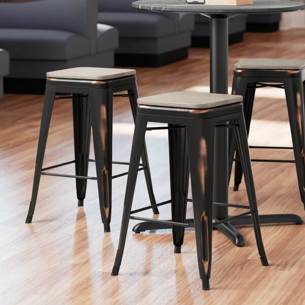 LT&S Alloy Series Lancaster Table & Seating Alloy Series Distressed Copper Metal Indoor Industrial Cafe Counter Height Stool With Gray Wood Seat 1 LT&S Alloy Series Lancaster Table & Seating Alloy Series Distressed Copper Metal Indoor Industrial Cafe Counter Height Stool With Gray Wood Seat