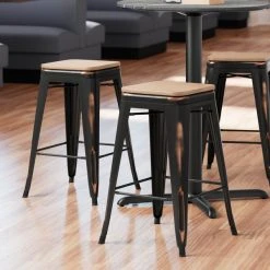 LT&S Alloy Series Lancaster Table & Seating Alloy Series Distressed Copper Metal Indoor Industrial Cafe Counter Height Stool With Natural Wood Seat