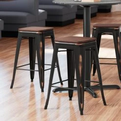 LT&S Alloy Series Lancaster Table & Seating Alloy Series Distressed Copper Metal Indoor Industrial Cafe Counter Height Stool With Walnut Wood Seat