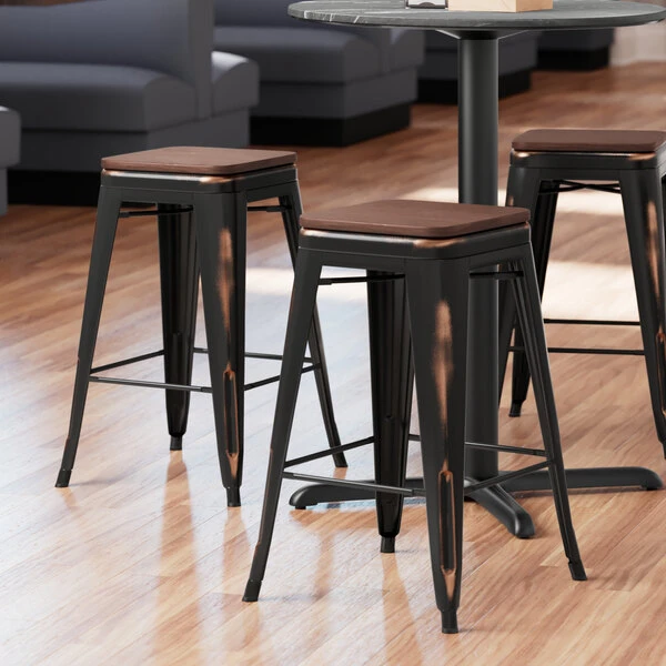 LT&S Alloy Series Lancaster Table & Seating Alloy Series Distressed Copper Metal Indoor Industrial Cafe Counter Height Stool With Walnut Wood Seat 1 LT&S Alloy Series Lancaster Table & Seating Alloy Series Distressed Copper Metal Indoor Industrial Cafe Counter Height Stool With Walnut Wood Seat